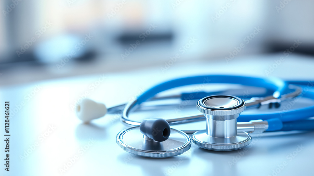 Stethoscope with a blue tubing placed on a table in a well-lit medical office during daytime. Generative AI Stethoscope with a blue tubing placed on a table in a well-lit medical office during daytime. Generative AI