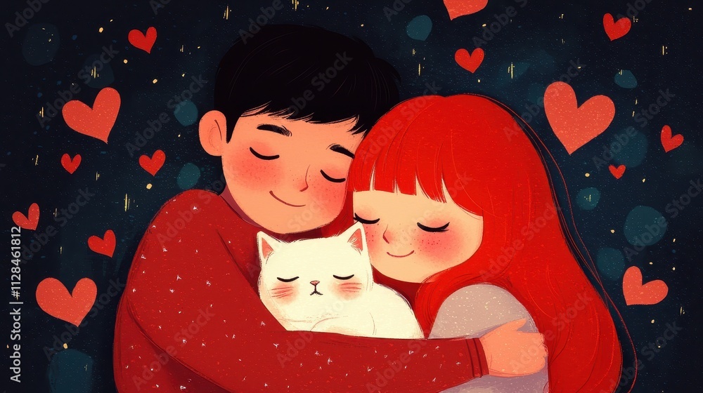 A cozy illustration of a couple hugging their cat, surrounded by hearts, embodying love and warmth. A cozy illustration of a couple hugging their cat, surrounded by hearts, embodying love and warmth.