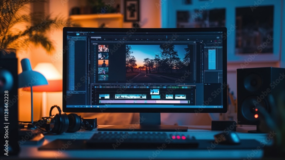 Video editing workspace with professional monitor displaying timeline interface. Dark room setup with editing software, keyboard and audio equipment for content creation Video editing workspace with professional monitor displaying timeline interface. Dark room setup with editing software, keyboard and audio equipment for content creation