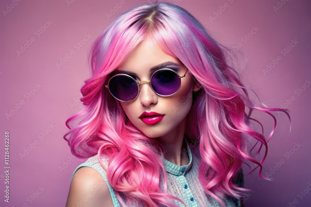 Stylish woman with pink hair and sunglasses Stylish woman with pink hair and sunglasses
