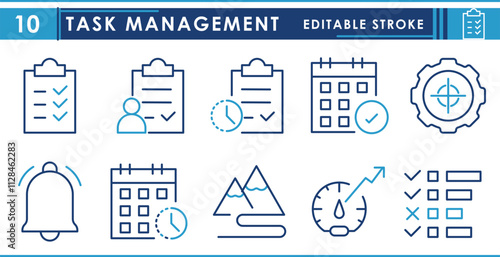 A set of line icons related to task management. Task, pending, completed, goal, notification, priority, and so on. Vector editable stroke.