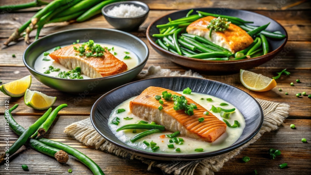 Pan-seared salmon in coconut ginger garlic sauce, served with basmati rice and tender green beans. Pan-seared salmon in coconut ginger garlic sauce, served with basmati rice and tender green beans.