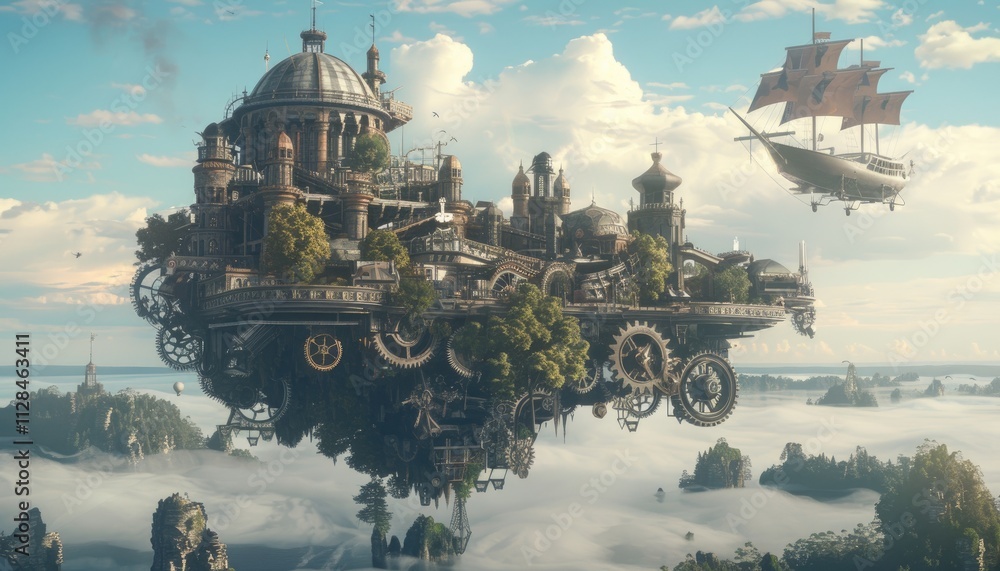 Fototapeta premium A Clockwork City Floats Above Misty Mountains