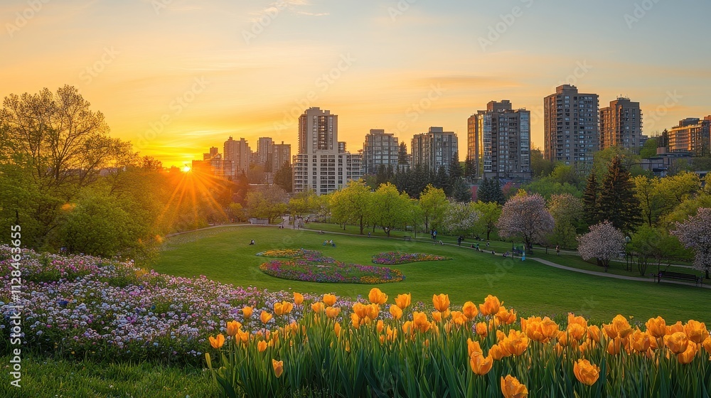 A vibrant sunset over a city park filled with flowers and greenery, showcasing urban nature. A vibrant sunset over a city park filled with flowers and greenery, showcasing urban nature.