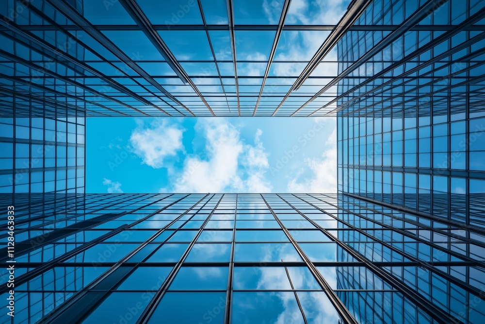 Obraz premium Gazing upwards at tall office towers in a city's financial hub beneath a clear azure sky