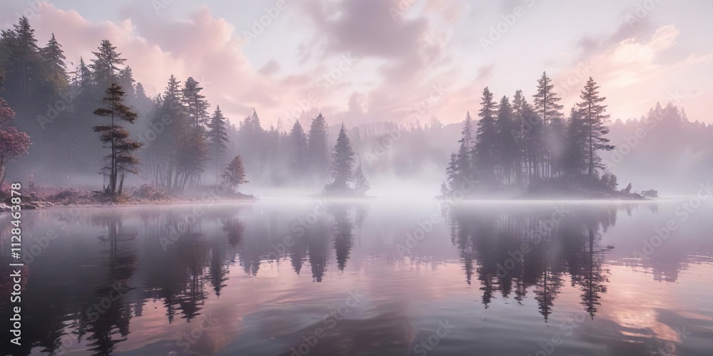 Fototapeta premium Pale pink and white mist rising from a serene lake, calm water, misty atmosphere