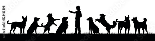 Boy playing with group of dogs outdoor vector silhouettes.