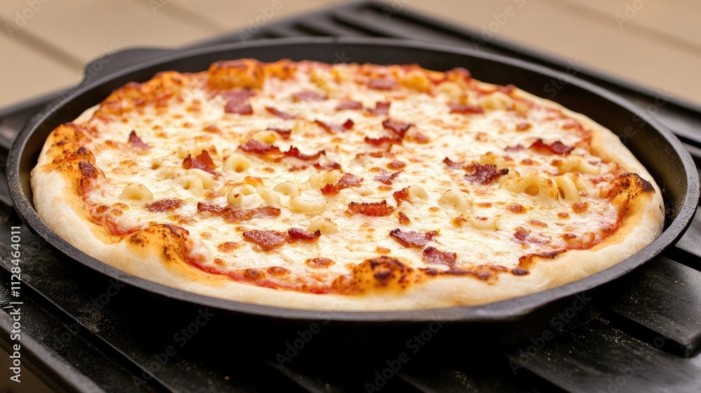 Mouthwatering mac and cheese pizza topped with crispy bacon sits ready to be enjoyed, showcasing a golden brown crust and creamy texture. Mouthwatering mac and cheese pizza topped with crispy bacon sits ready to be enjoyed, showcasing a golden brown crust and creamy texture.
