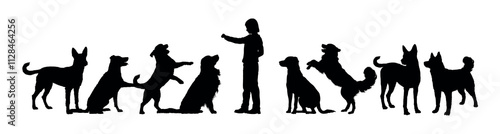 Wallpaper Mural Boy playing with group of dogs side view vector silhouettes isolated on white background.
 Torontodigital.ca