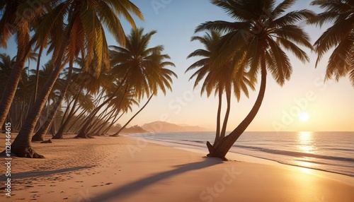 Palm tree-lined beach at dawn with warm lighting  palm trees  beachy atmosphere  seaside scenery