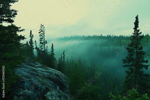 A forest of tall trees shrouded in mist winter background photo