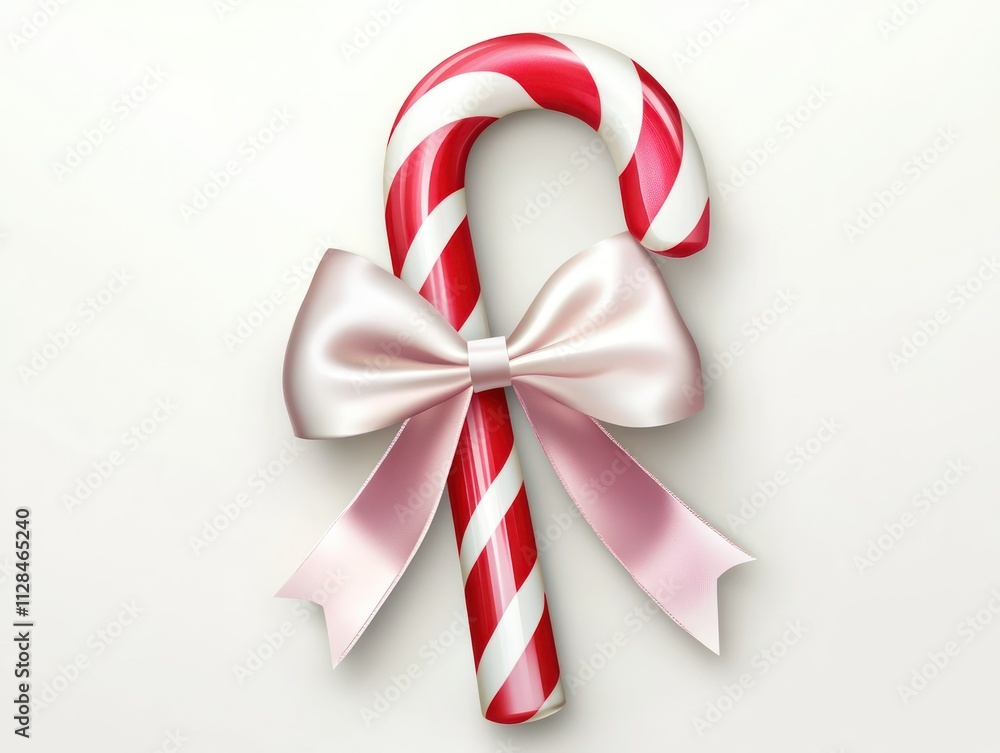 Candy cane with pink satin bow on white background Candy cane with pink satin bow on white background