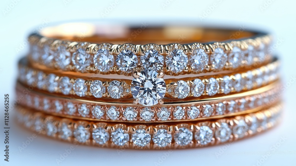 group of stacked diamond rings in white yellow and rose gold on a white backdro group of stacked diamond rings in white yellow and rose gold on a white backdro