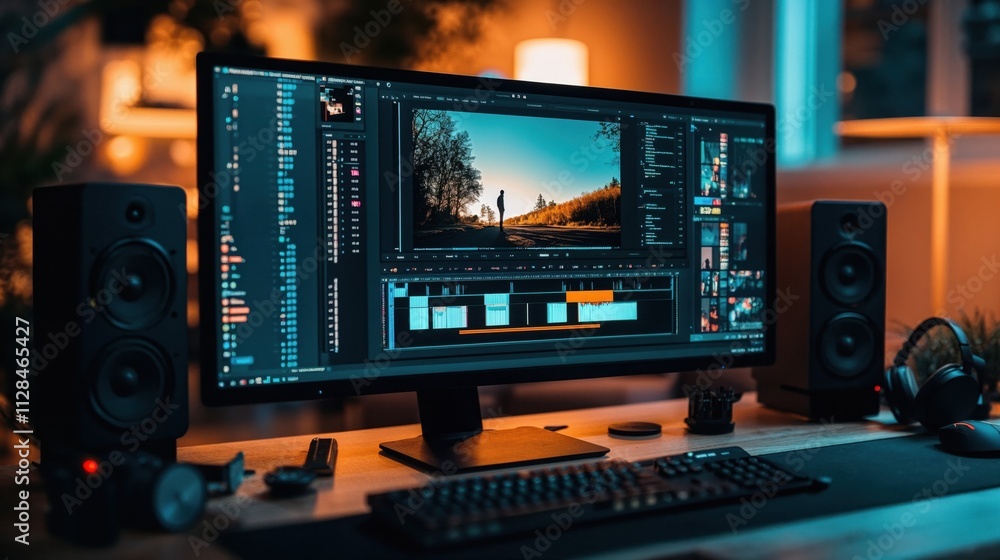 Professional video editing workspace with ultrawide monitor displaying timeline interface, studio monitors, and moody ambient lighting. Creative post-production setup in orange and blue tones Professional video editing workspace with ultrawide monitor displaying timeline interface, studio monitors, and moody ambient lighting. Creative post-production setup in orange and blue tones