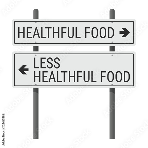 Road intersection sign representing the choice between healthful and less healthful food. Vector illustration isolated on white