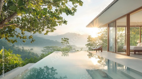Stunning sunset at a beachfront villa with panoramic views over the ocean captured in high-definition serene environment dreamy concept for relaxation and luxury living