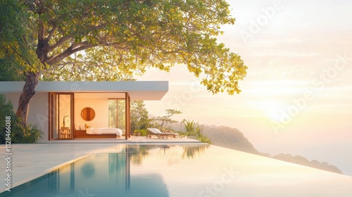 Luxury beachfront villa with panoramic ocean views at sunrise modern architecture serene tropical environment peaceful retreat concept for ultimate relaxation