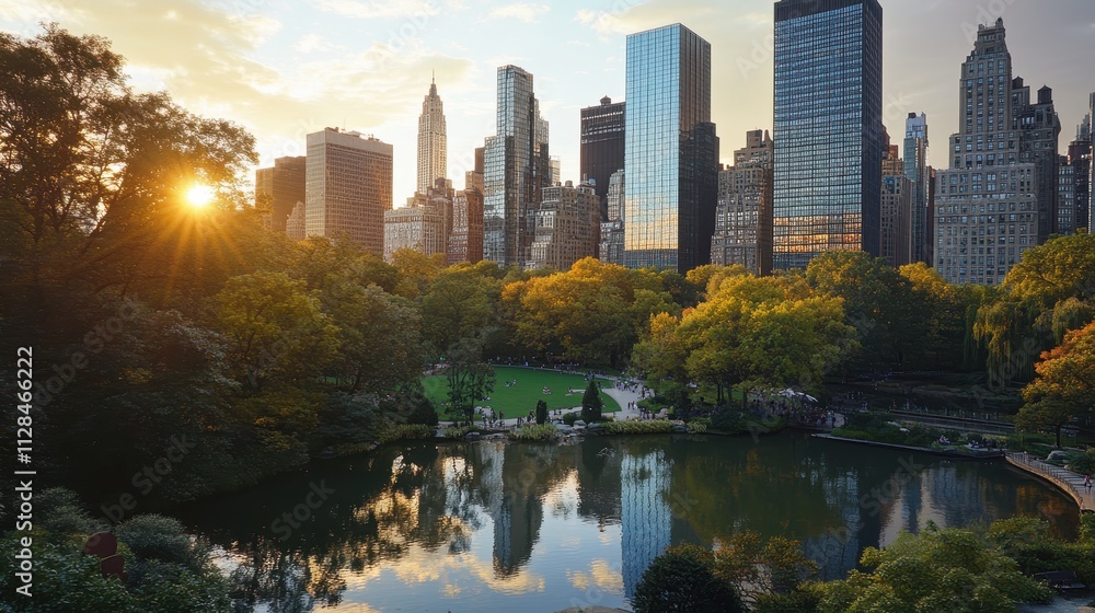 Obraz premium A serene sunset view of a city skyline reflected in a tranquil park pond.