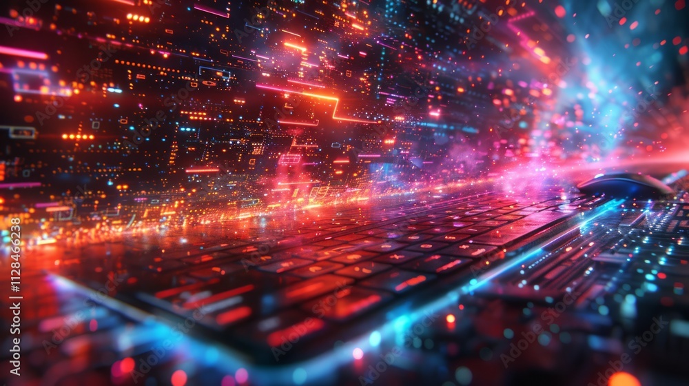 Futuristic glowing laptop keyboard with digital data streams. Futuristic glowing laptop keyboard with digital data streams.