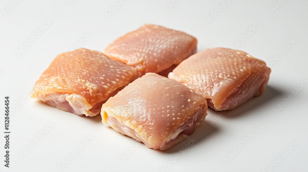 Fresh chicken thighs prepared for cooking on a clean white surface ready for meal preparation. Generative AI Fresh chicken thighs prepared for cooking on a clean white surface ready for meal preparation. Generative AI