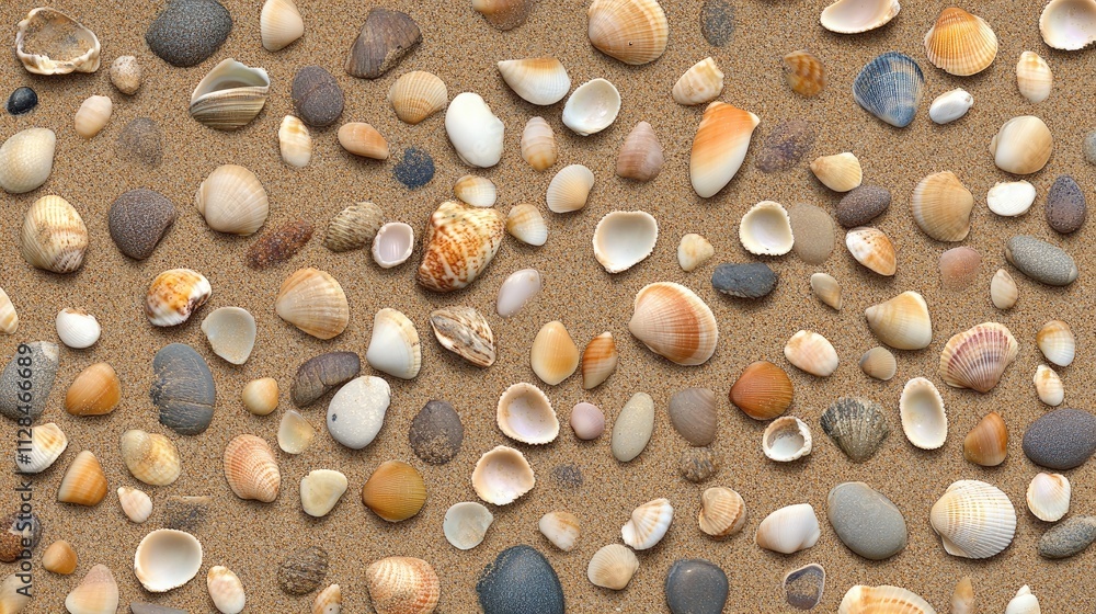 Top-down view captures the textured sandy beach with footprints, shells, and small rocks, all illuminated by gentle sunlight Top-down view captures the textured sandy beach with footprints, shells, and small rocks, all illuminated by gentle sunlight
