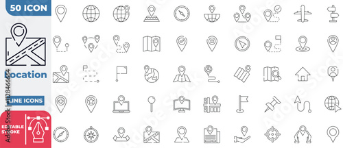 Location Icon Collection Set. Containing Maps, Direction, Globe, Arrrows, And More. Editable Stroke Icon.