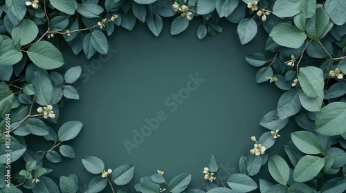 Elegant eucalyptus leaves and white flowers creating natural frame border on dark teal background, perfect for wedding invitation or botanical design layout