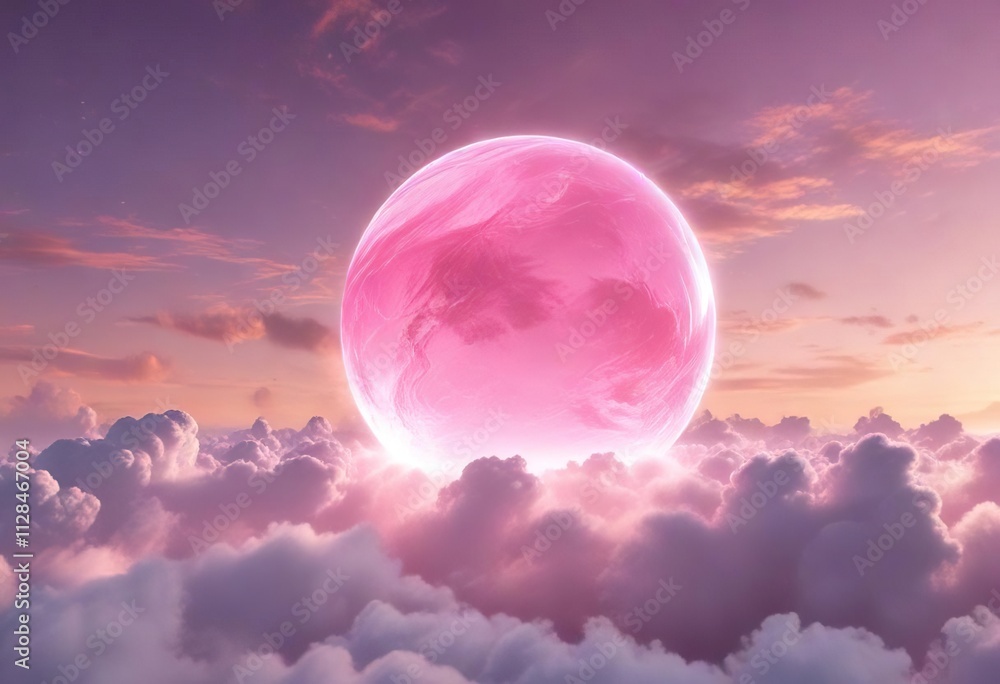 Pink orb with a glowing aura floating above a layer of thin, wispy clouds , delicate lighting , pink brain Pink orb with a glowing aura floating above a layer of thin, wispy clouds , delicate lighting , pink brain
