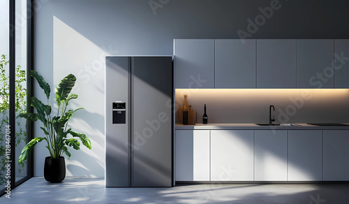 A modern kitchen with a refrigerator, featuring a minimalistic style in a grey and white color scheme