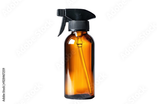 Transparent amber spray bottle stands alone against a plain background highlighting its design features and functionality