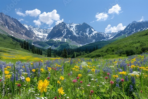 Vibrant Alpine Wildflower Meadow with Majestic Mountain Backdrop for Nature Art Prints