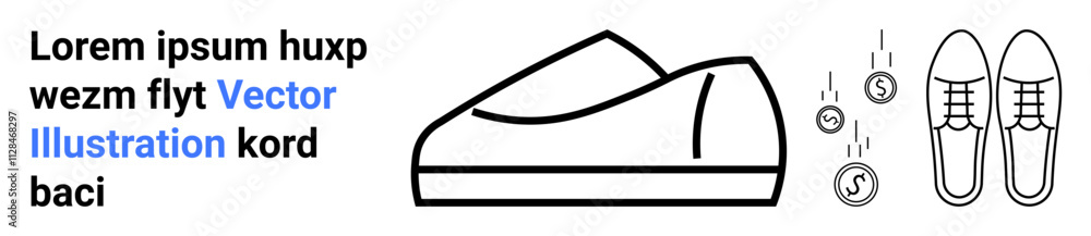 Black outlined shoe with side view, paired laced shoes, falling money, and text elements. Ideal for fashion, footwear, eCommerce, pricing, marketing, minimalism, and casual wear. Landing page Black outlined shoe with side view, paired laced shoes, falling money, and text elements. Ideal for fashion, footwear, eCommerce, pricing, marketing, minimalism, and casual wear. Landing page