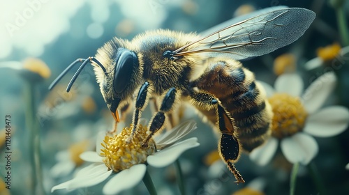 Beautiful colorful summer spring natural flower background. Bees working on a bright sunny day with beautiful bokeh	
