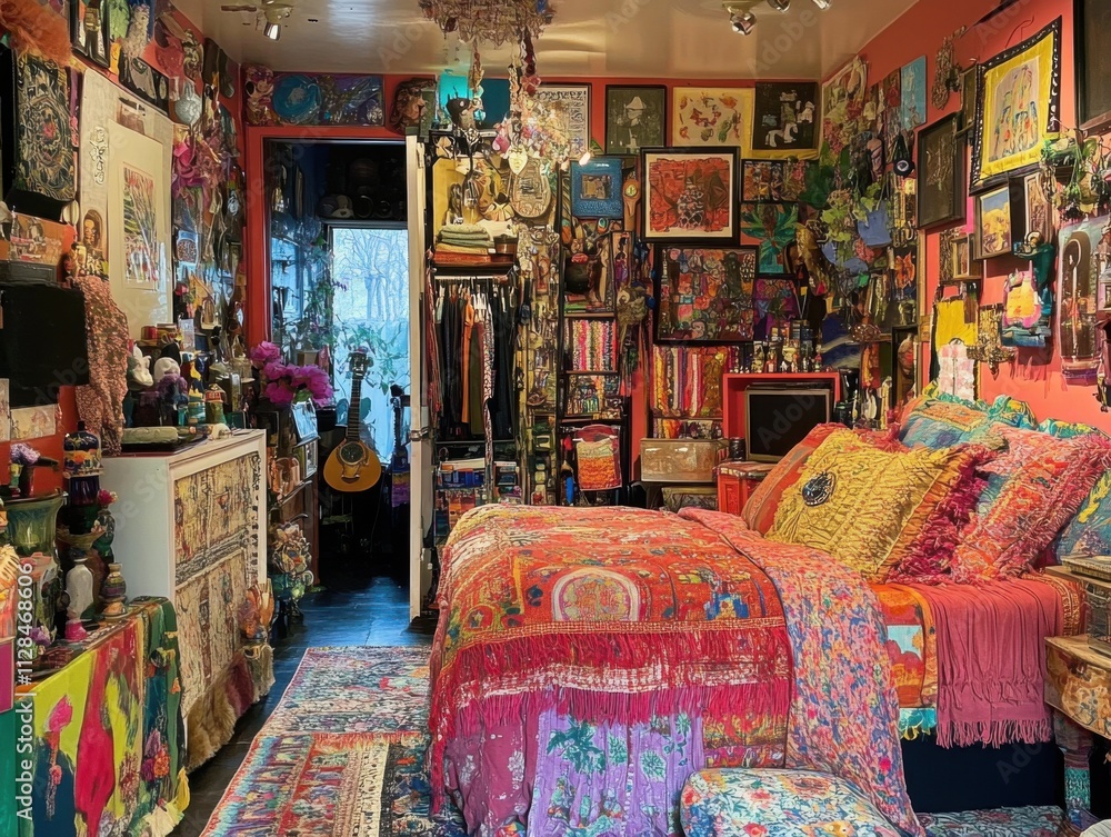 A room filled with eclectic decorations, maximalist patterns, vibrant color palette, and artistic clutter A room filled with eclectic decorations, maximalist patterns, vibrant color palette, and artistic clutter