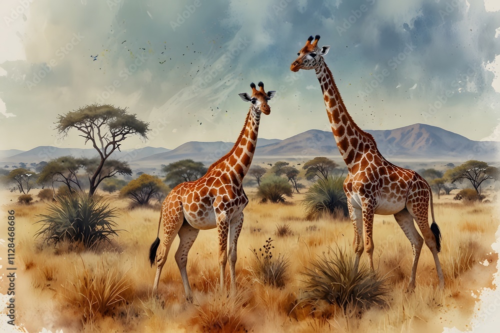 Obraz premium Giraffes and zebras in the savannah in watercolor style