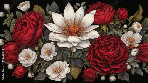 An exquisite composition of red and white flowers with green leaves, made on a contrasting black background. Suitable for use in design or as a background.