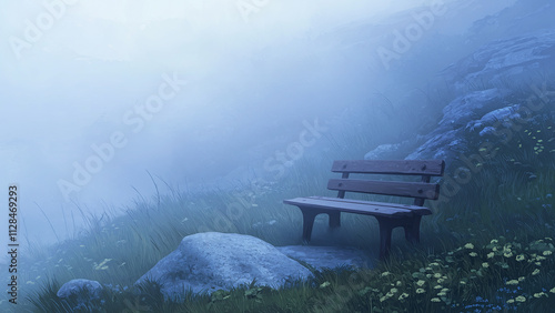 One bench is placed on the mountain. Illustrations that look like a scene from an anime or game background. Blue sky, sun, clouds, sunset, night, fog, snow, rain, autumn, etc. photo