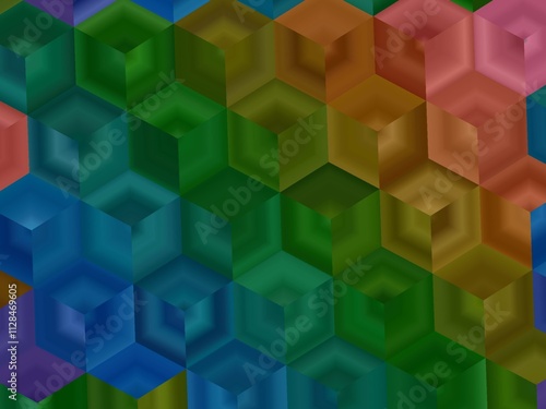 Abstract geometric background with colorful, three-dimensional hexagonal shapes.