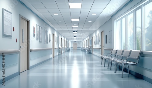 A long, empty hospital hallway featuring chairs and multiple doors