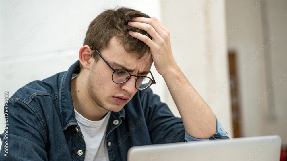 Young man wearing glasses scratching his head trying to find solution
Young man wearing glasses scratching his head trying to find solution