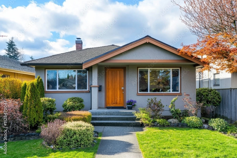 A charming house with a landscaped front yard and pathway. A charming house with a landscaped front yard and pathway.