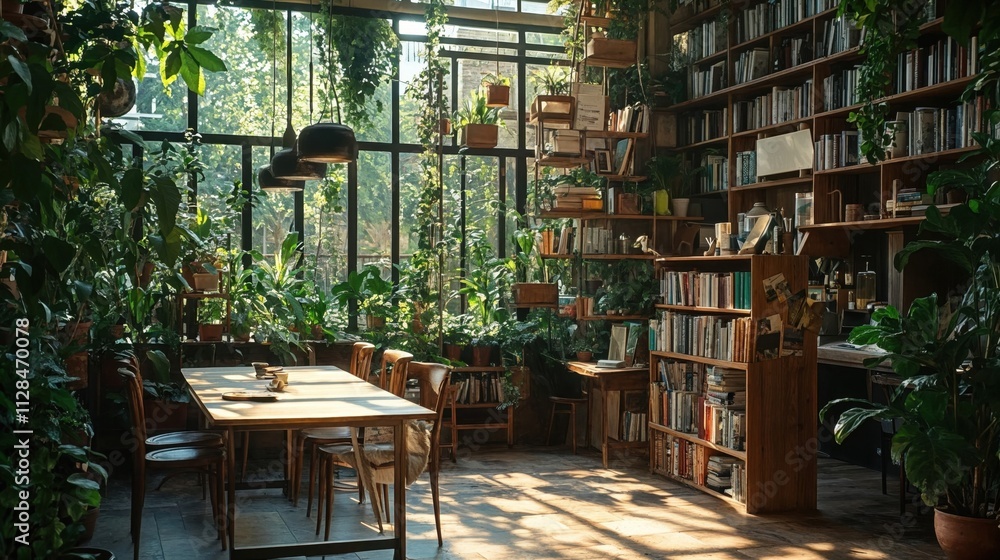 Cozy library cafe with lush indoor plants, floor-to-ceiling bookshelves and natural sunlight. Aesthetic interior combines literature and greenery creating perfect reading atmosphere Cozy library cafe with lush indoor plants, floor-to-ceiling bookshelves and natural sunlight. Aesthetic interior combines literature and greenery creating perfect reading atmosphere