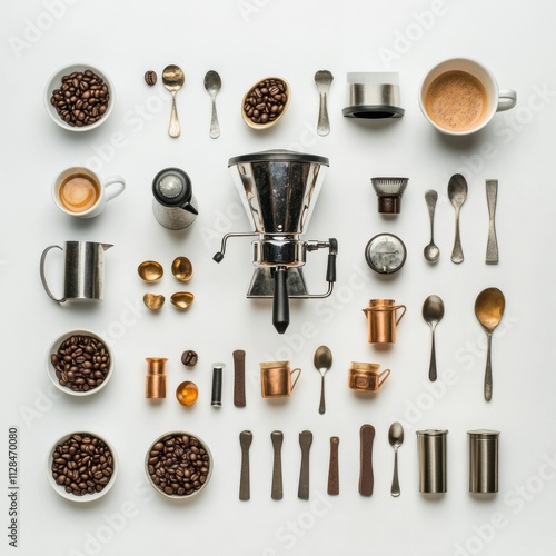 This flat lay showcases various coffee-related items, including beans, cups, and utensils, arranged neatly with blank space for additional text. Generative AI