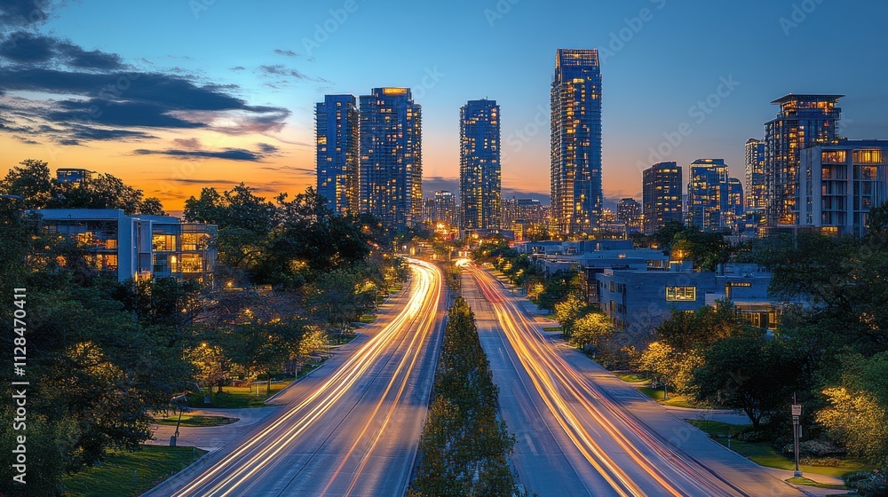 Fototapeta premium highway and modern city at night with light trails