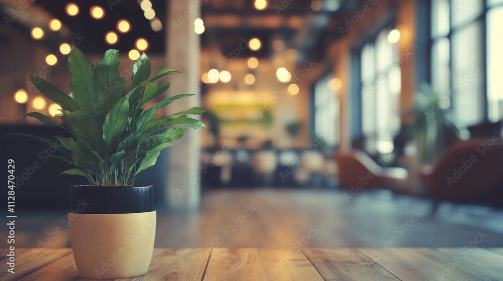 Green plant in pot sits on wooden table in cafe Green plant in pot sits on wooden table in cafe