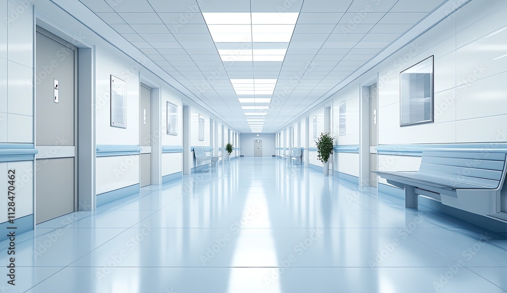 A long, empty hospital hallway featuring chairs and multiple doors A long, empty hospital hallway featuring chairs and multiple doors