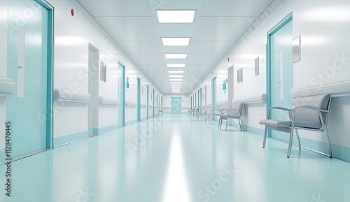 A long, empty hospital hallway featuring chairs and multiple doors