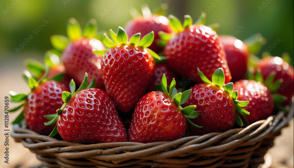 wallpapers A vibrant display of fresh strawberries nestled in a wicker basket, showcasing their juicy red color and green leaves, perfect for summer gatherings. AI generated. wallpapers A vibrant display of fresh strawberries nestled in a wicker basket, showcasing their juicy red color and green leaves, perfect for summer gatherings. AI generated.