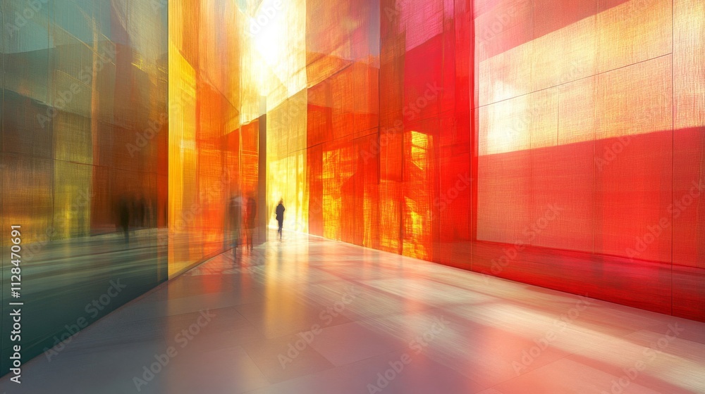 Abstract Corridor With Red And Orange Walls And Blurred Figures Abstract Corridor With Red And Orange Walls And Blurred Figures