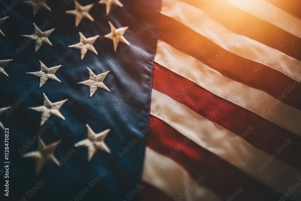 Fototapeta premium The shadow of an American flag is beautifully cast on a brick wall